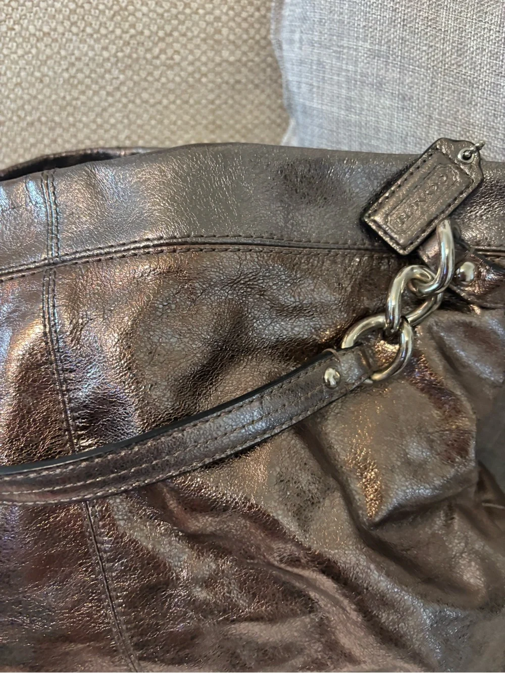 Coach Metallic Leather Tote Shoulder Bag – Pewter Gunmetal | Large Everyday Purs